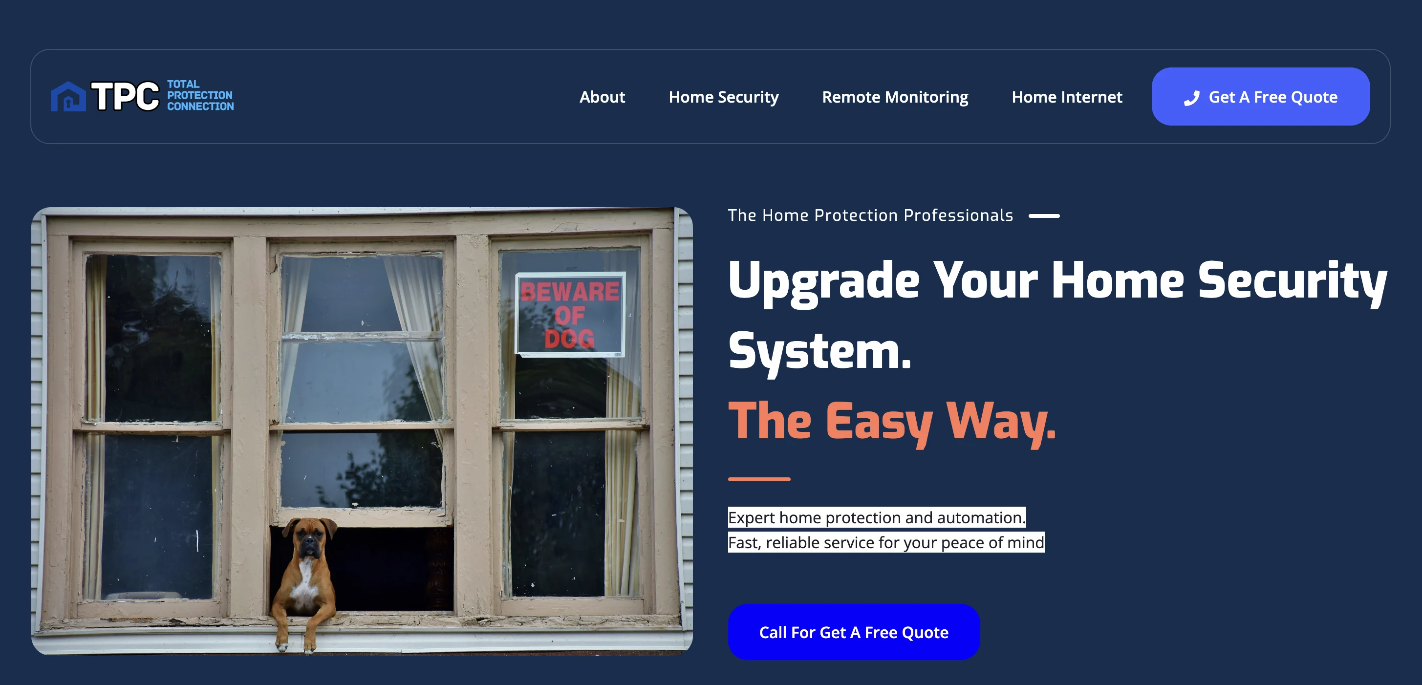 Total Protection website: home security services and a request-a-quote button